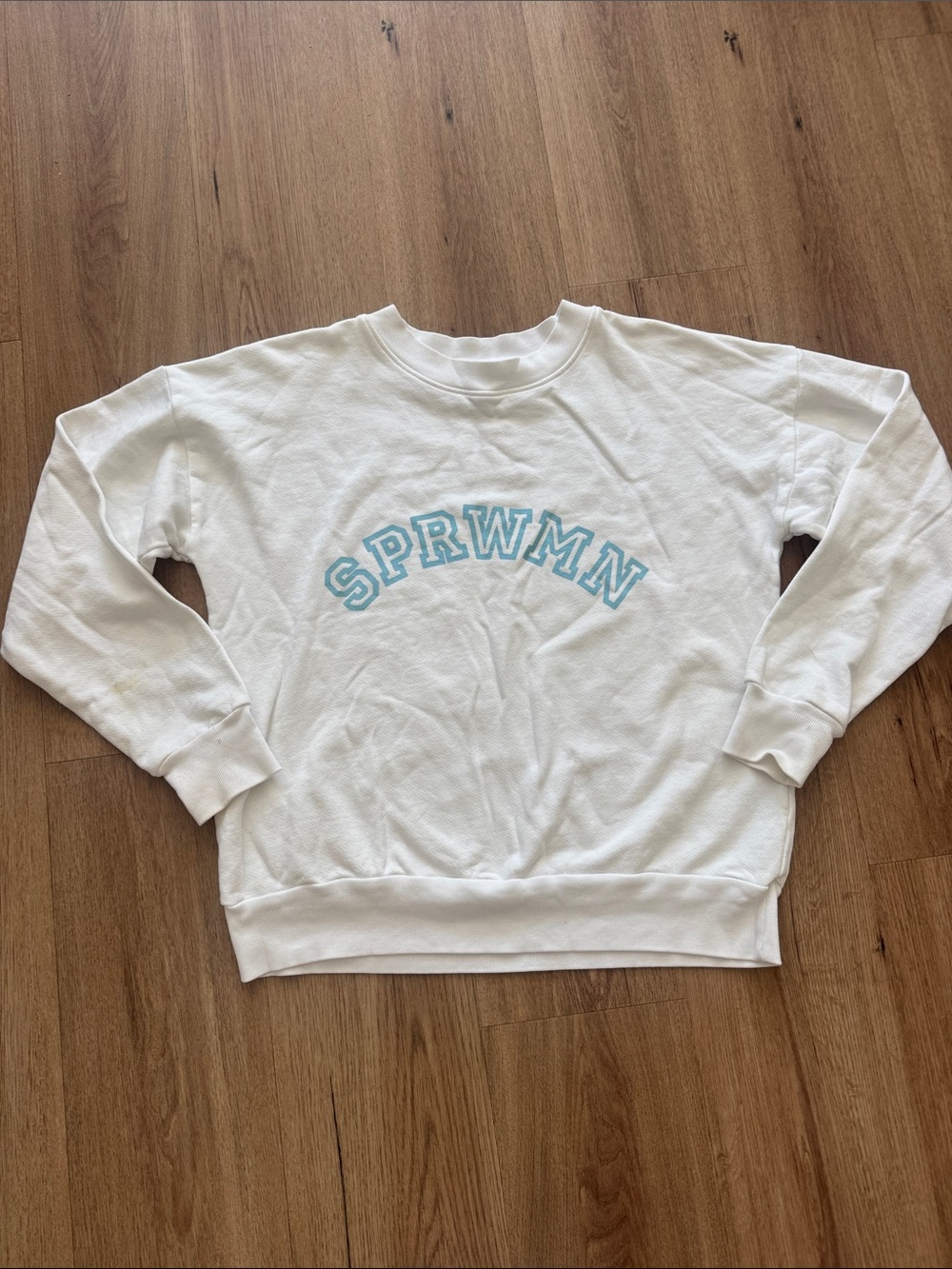 SPRWMN White Crewneck Sweatshirt with Light Blue Logo